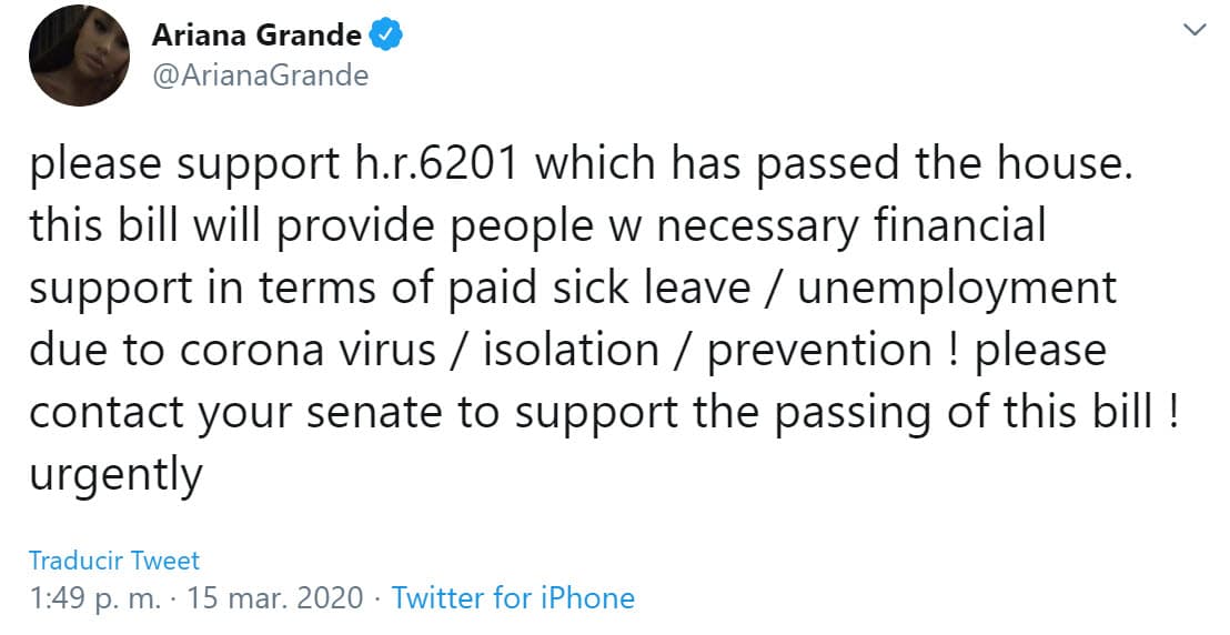 "Por favor apoyen la H.R. 6201. Este proyecto de ley proporcionará a las personas el 
<b>apoyo financiero</b> necesario en términos de licencia por enfermedad, desempleo remunerado debido al coronavirus, aislamiento, prevención. Comuníquese con el Senado para apoyar la aprobación de esta ley. Urgentemente".
<br>