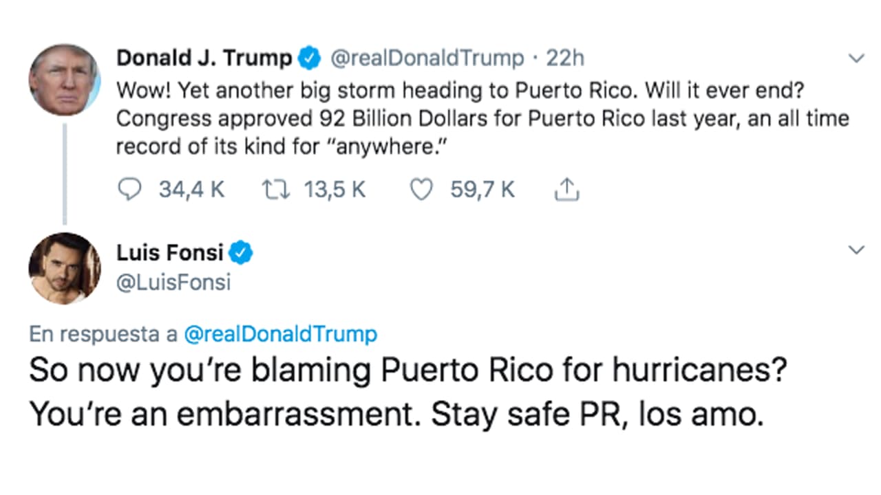 El cantante Luis Fonsi respondió así al tuit del presidente Trump. "Entonces, ¿estás culpando a Puerto Rico por los huracanes? Eres una vergüenza. Manténganse a salvo Puerto Rico, los amo".