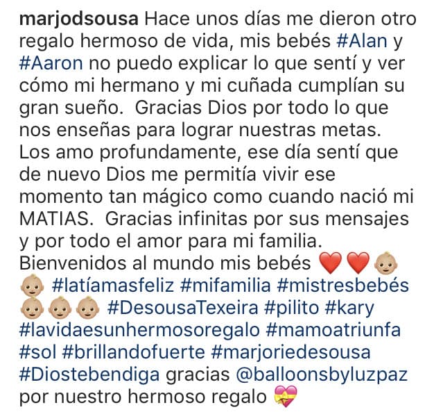 Marjorie confesó que con el nacimiento de los bebés recordó cuando ella se convirtió en madre de Matías.