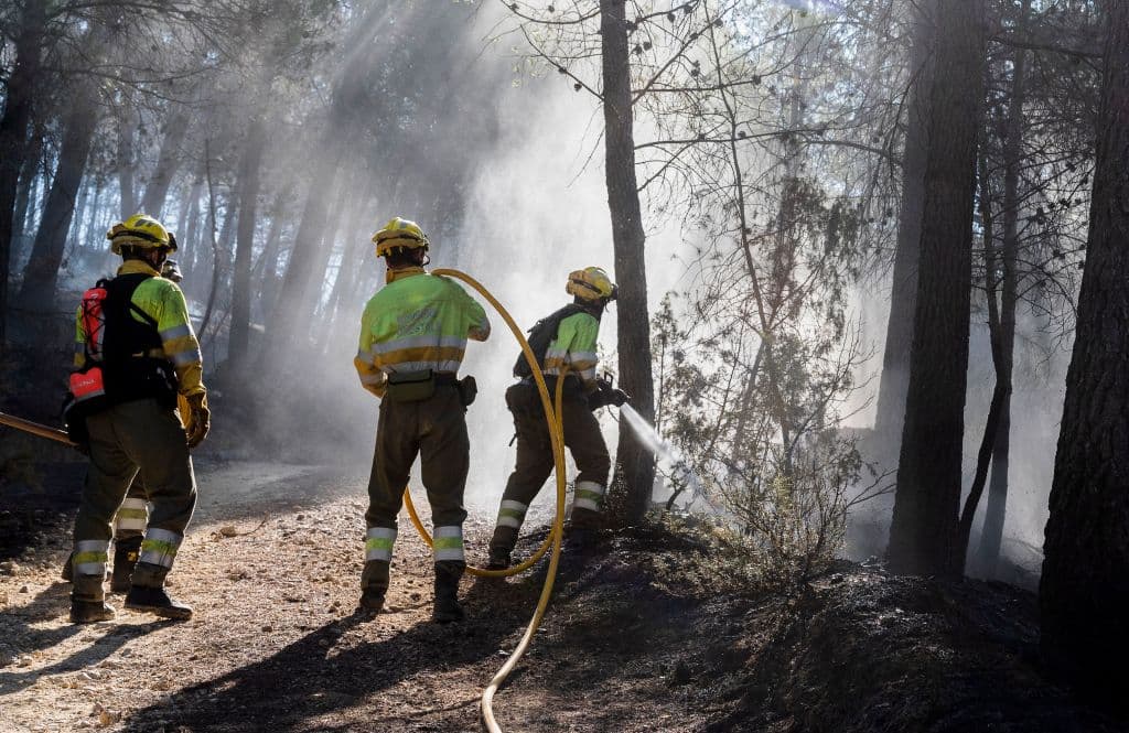 Bomberos apagan una zona forestal quemada por un incendio forestal que comenzó el 23 de marzo, en Fuente de la Reina, cerca de Castellón.