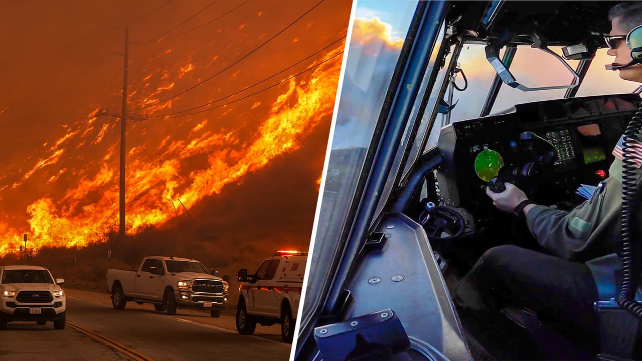Hughes Fire: Vista desde la cabina de un avión de la Fuerza Aérea que le lanza retardante