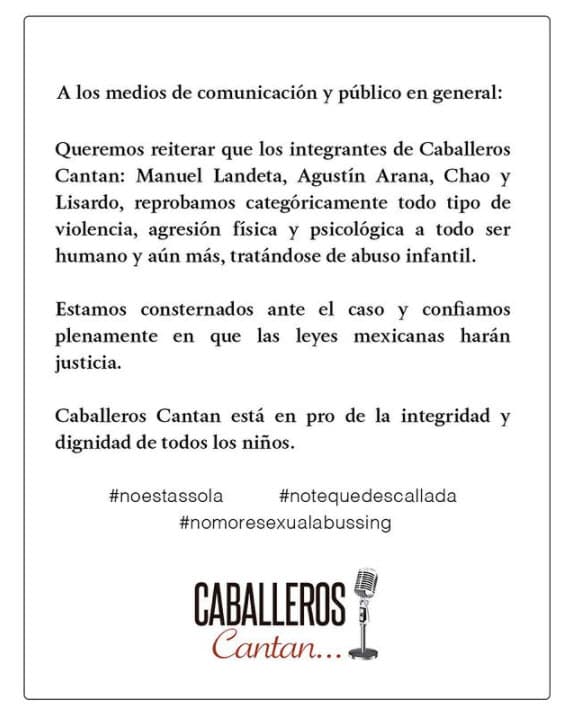 En un segundo comunicado, el cual fue emitido el 18 de febrero, especifican que todos los integrantes
<b> reprueban "categóricamente todo tipo de violencia, agresión física y psicológica</b> a todo ser humano y aún más, tratándose de abuso infantil".
<br>