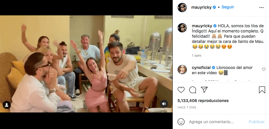 La reacción de la familia Montaner ante el embarazo de la más pequeña del clan no sólo fue parte del videoclip de la canción 'Índigo', sino también de varias publicaciones en Instagram en donde los familiares de Evaluna expresaron la gran felicidad que sienten por el nuevo bebé como sus tíos Mau y Ricky.