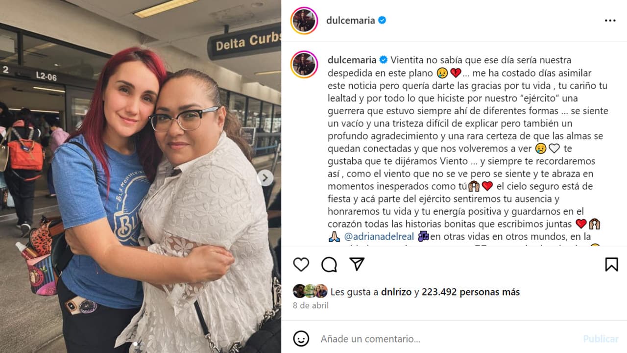 Esta fue la publicación que Dulce María le dedicó a su "amiga" Adriana del Real tras conocer sobre su muerte.