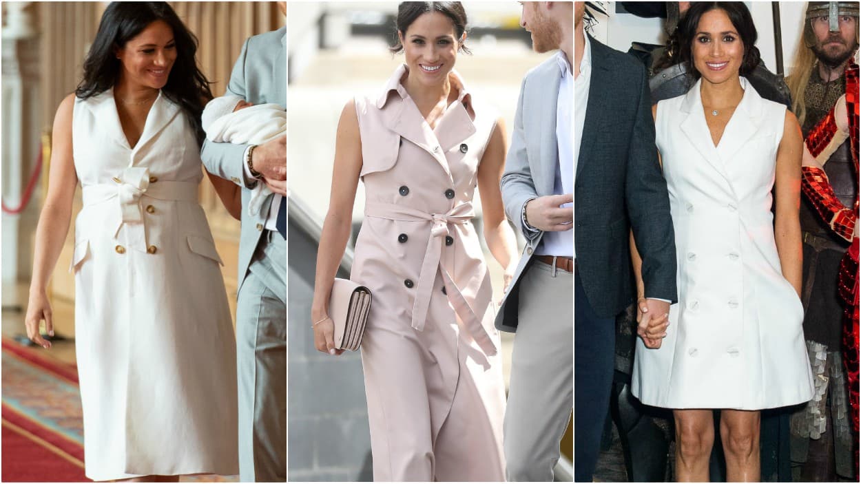 Un estilo -trench sin mangas- que Meghan ha favorecido en varias ocasiones, según la base de datos 
<a href="https://styleasmeghan.com" target="_blank">Style as Meghan</a>. En julio del año pasado usó un vestido similar en rosa de la marca House of Nonie para asistir a un evento en honor de Nelson Mandela y en su viaje a Nueva Zelanda uno en blanco de Maggie Marilyn.