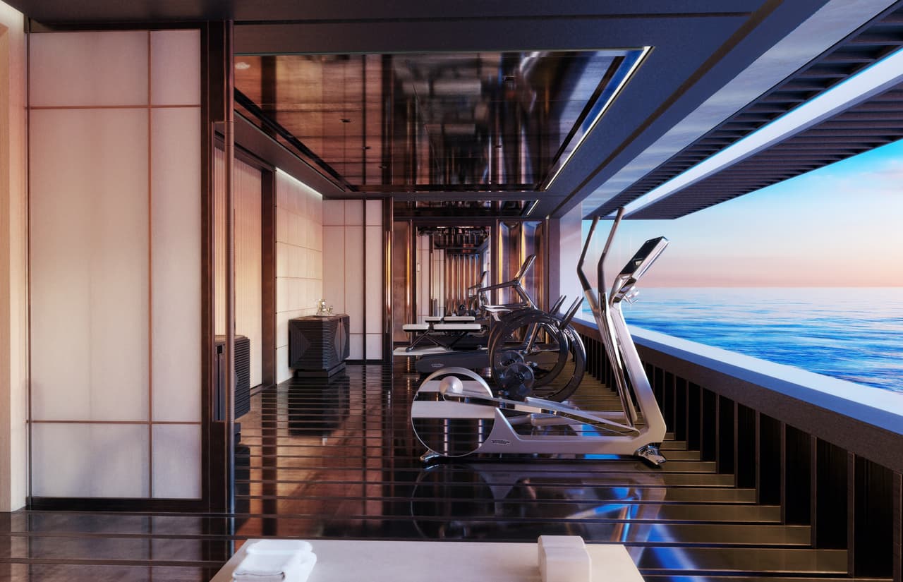 El centro de salud y bienestar interior es un mundo acuático de serenidad, con una sala de hidromasaje, un espacio de yoga y piso de entrenamiento y una escotilla masiva que abarca todo el gimnasio, y que se abre para revelar la superficie del océano al nivel del agua, creando la percepción de hacer ejercicio y relajarse en una isla en el mar, señaló Sinot.
<br>