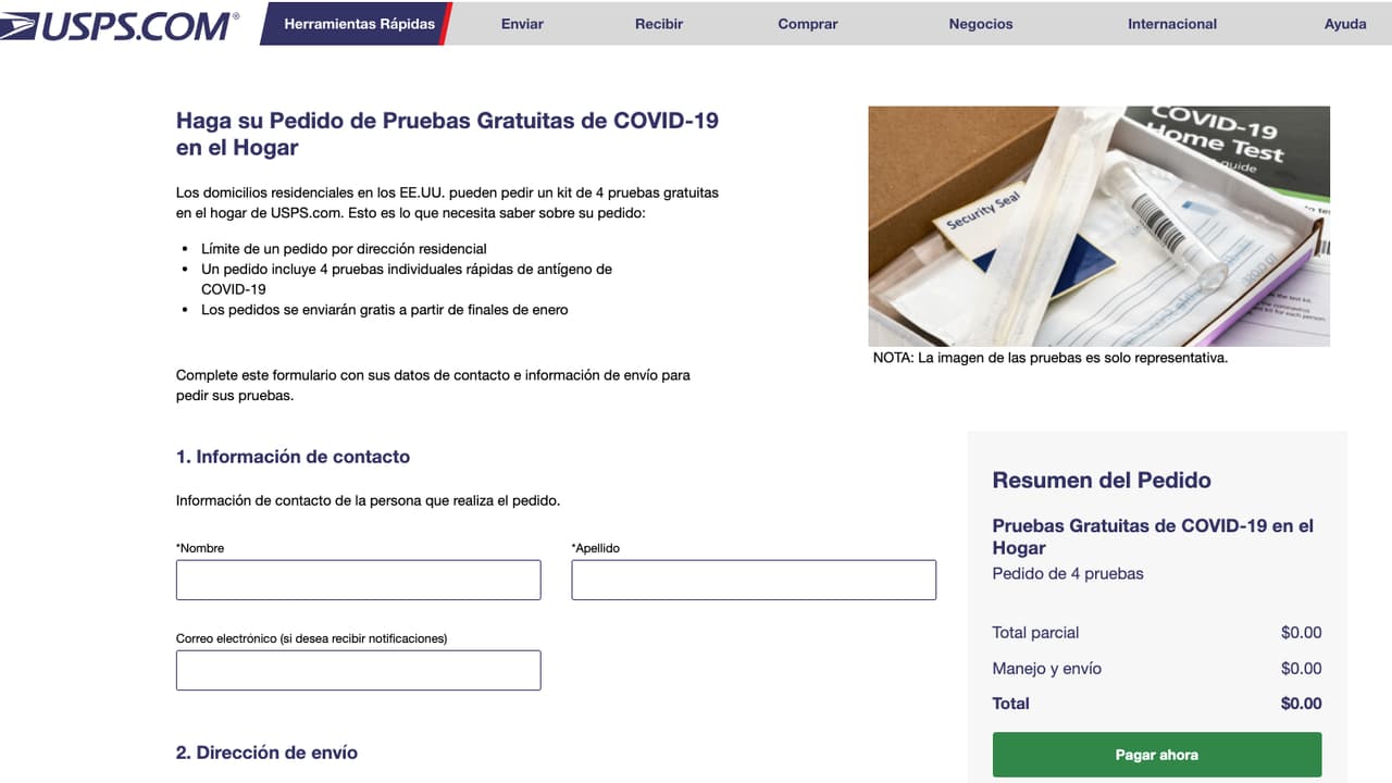 El 
<a href="https://special.usps.com/testkits-es" target="_blank">enlace</a> donde se hace el pedido pertenece al Servicio Postal, que estará encargado de enviar las pruebas a millones de hogares. El gobierno federal dice que las pruebas 
<b>tardarían entre 7 y 12 días en llegar</b> después de realizar el pedido.