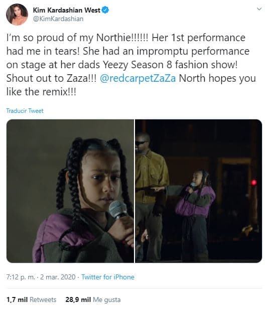 El 2 de marzo Kim Kardashian compartió un tuit en el que confesaba lo orgullosa que se sentía de 'Northie', quien había tenido "una actuación improvisada", que le había provocado lágrimas. La empresaria cerró la publicación señalando a Zaza: "¡North espera que te guste el remix!".