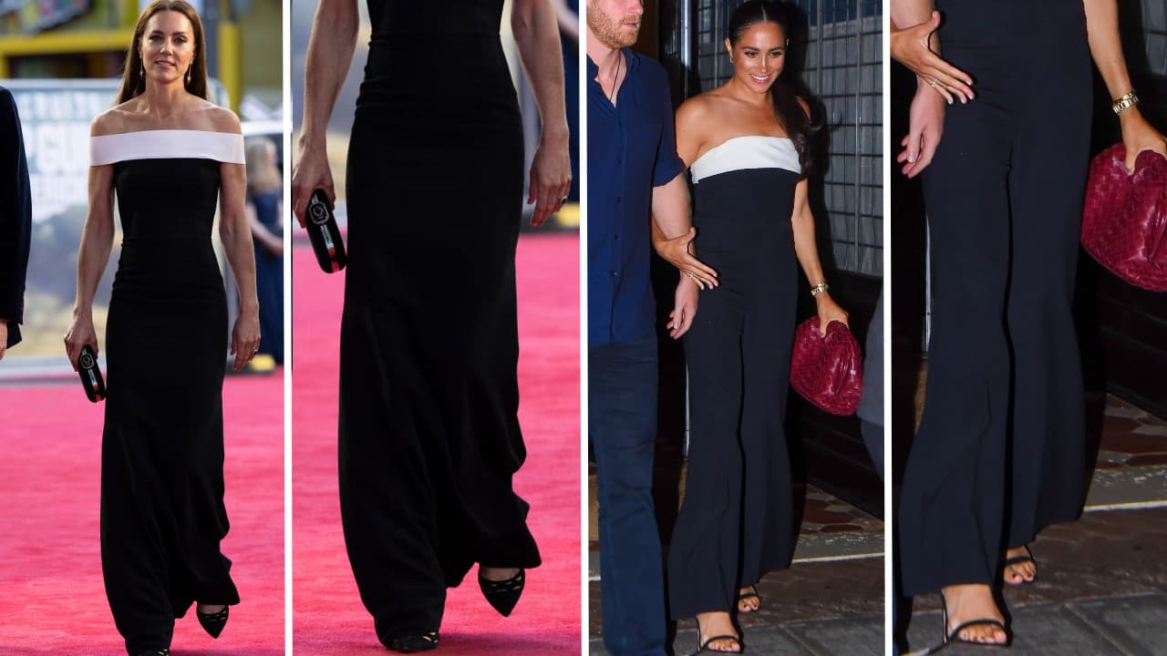 Al igual que el monocromático de Meghan, el de Kate era negro con una banda blanca en la parte superior que dejaba al descubierto sus hombros.
<br>