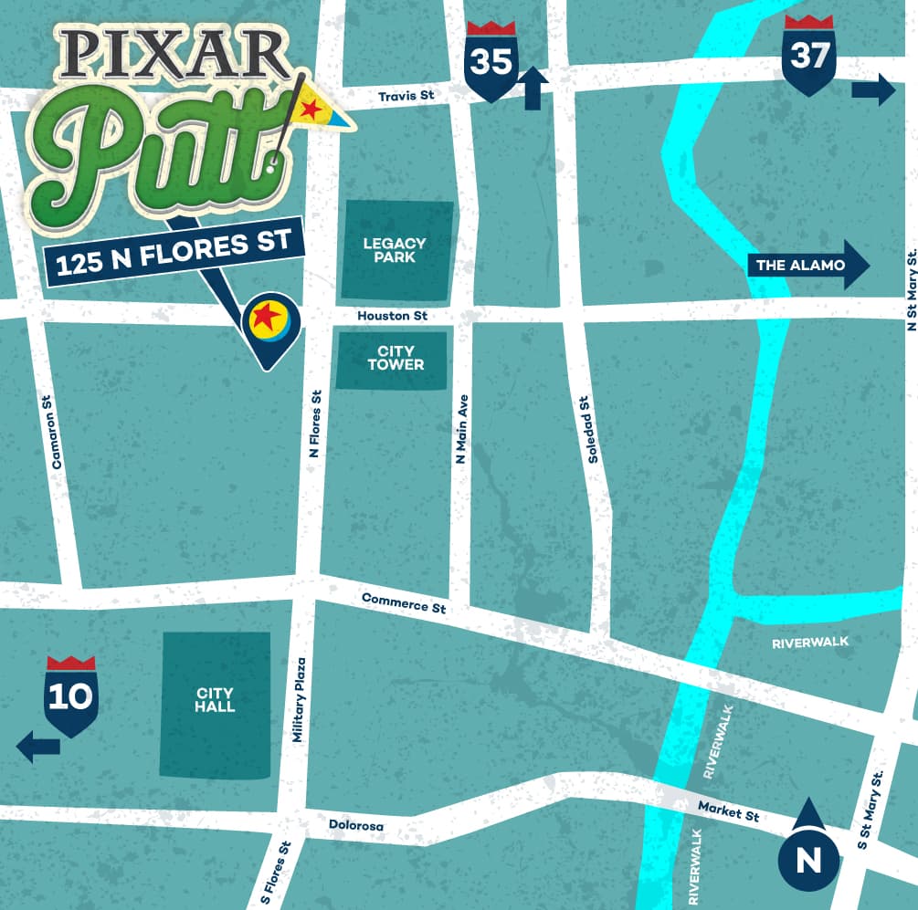 El campo de golf estará ubicado en 125 N Flores St. San Antonio, TX 78205.
<br>
<br>El estacionamiento cercano se puede encontrar en The Frost Tower Garage, The Rand Garage o en el estacionamiento ubicado en 225 W. Travis.