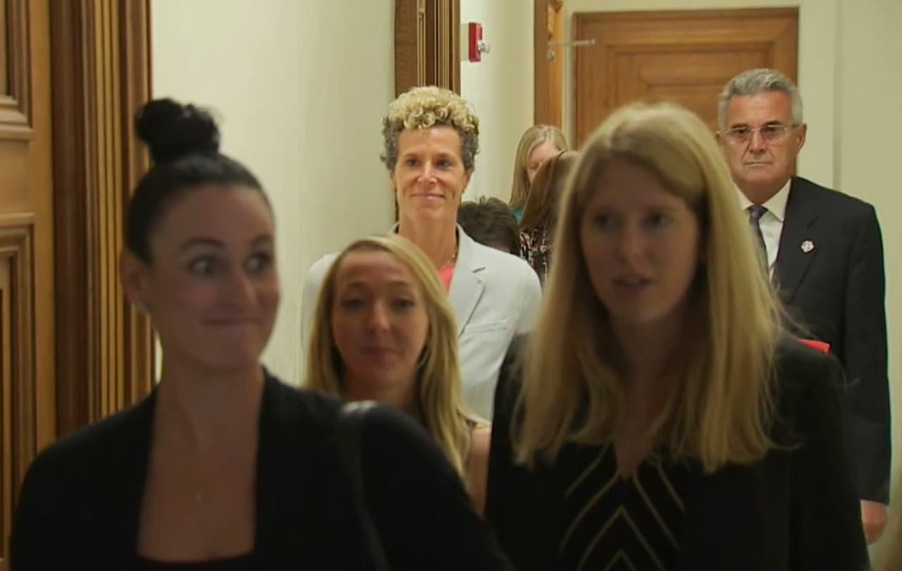 In this frame from video, accuser Andrea Constand leaves the courtroom after Bill Cosby was sentenced to a three-to 10-year sentence for felony sexual assault on Tuesday, Sept. 25, 2018, in in Norristown, Pa. (Pool Photo via AP)