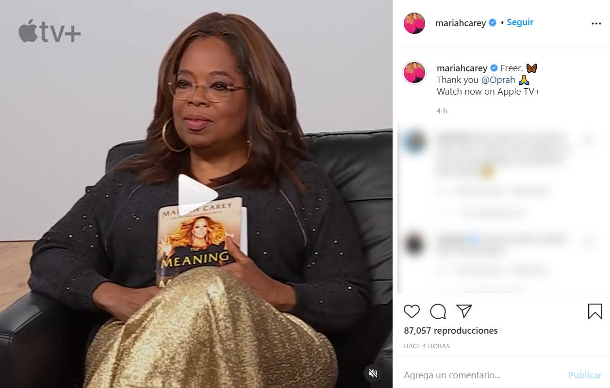 Como parte de la promoción de la obra literaria, la estrella de la música estuvo como invitada en el show 
<a href="https://www.apple.com/tv-pr/news/2020/09/oprah-winfrey-sits-down-for-exclusive-on-camera-interview-with-mariah-carey-on-her-new-memoir-the-meaning-of-mariah-carey-thursday-september-24-on-apple-tv/" target="_blank">'The Oprah conversation'</a>, de la presentadora Oprah Winfrey.
<br>