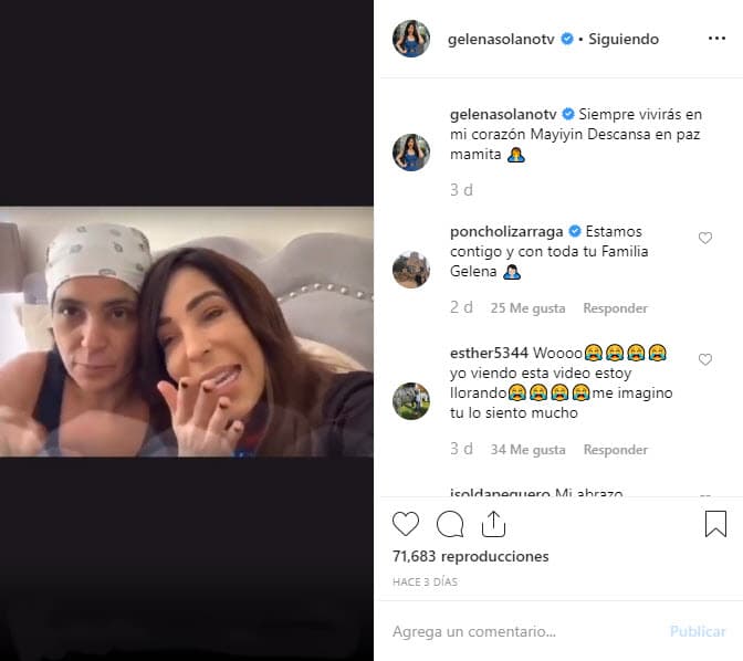 En el emotivo video que Gelena publicó para despedir a su amiga, Marilyn le dedica unas palabras a Gelena: "Para quienes no me conocen yo soy la prima hermana de Gelena, nos criamos juntas y yo me acuerdo cuando ella cogía un cepillo y pretendía que ella estaba cantando, haciendo entrevistas y actuando, con los tacos (tacones) altos desde chiquita".
<br>