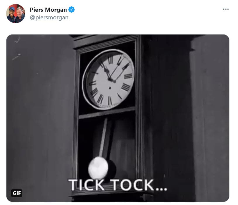 El periodista no ha dicho nada en sus redes sociales acerca de su salida del show. Solo colgó este GIF en el que
<b><a href="https://twitter.com/piersmorgan/status/1369350533522292742" target="_blank">un reloj hace 'tik tok'</a></b>.
<br>
