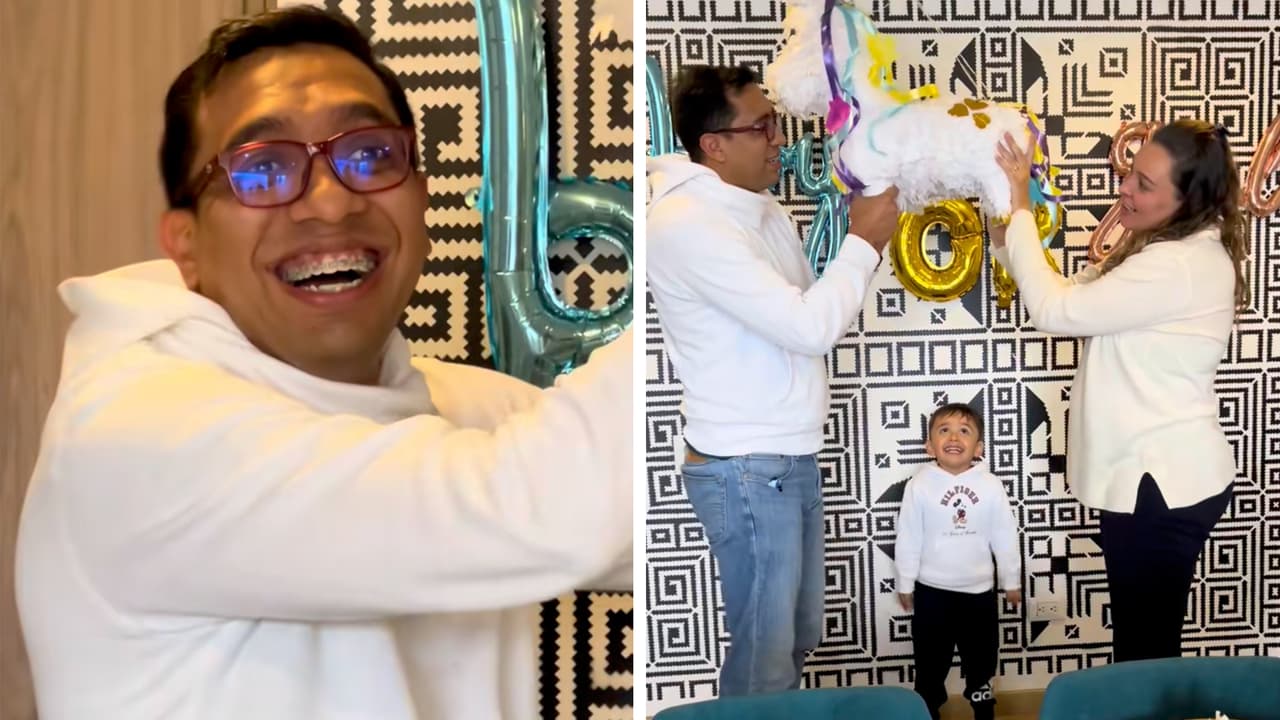 La divertida reacción de un papá daltónico en la revelación de género de su bebé: video viral