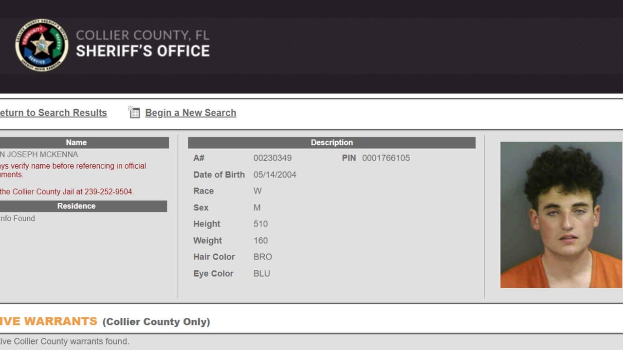 Esta es la ficha de arresto de Ryan McKenna, conocido como 'Selfie-Kid', quien fue detenido en Florida el pasado fin de semana.