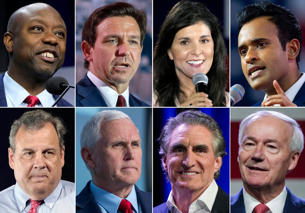 Esta combinación de fotos muestra a candidatos republicanos para la presidencia de EEUU en 2024. En la fila superior, de izquierda a derecha: el senador Tim Scott, el gobernador Ron DeSantis, la exgobernadora Nikki Haley y Vivek Ramaswamy. En la fila inferior, de izquierda a derecha: el exgobernador Chris Christie, el ex vicepresidente Mike Pence, el gobernador Doug Burgum y el exgobernador Asa Hutchinson.
