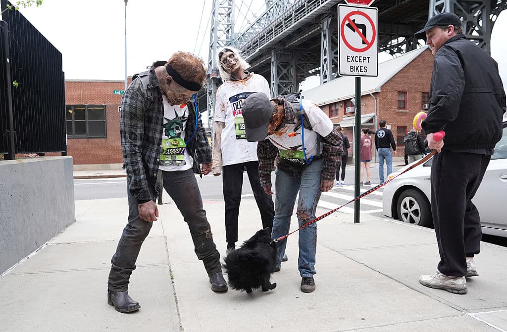 Fuera del evento, en las calles aledañas a la ruta oficial del medio maratón en Brooklyn, a este perrito no le hicieron gracia los 'walkers'.