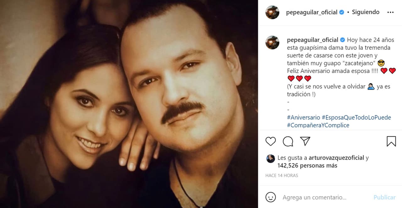 Le dedicó un mensaje a su esposa con el sentido del humor que lo caracteriza: "Hoy hace 24 años esta guapísima dama 
<b>tuvo la tremenda suerte de <a href="https://www.univision.com/famosos/angela-aguilar-es-un-icono-de-la-moda-sus-vestidos-regionales-mas-espectaculares-video">casarse con este joven y también muy guapo</a> </b>'zacatejano'".
<br>
