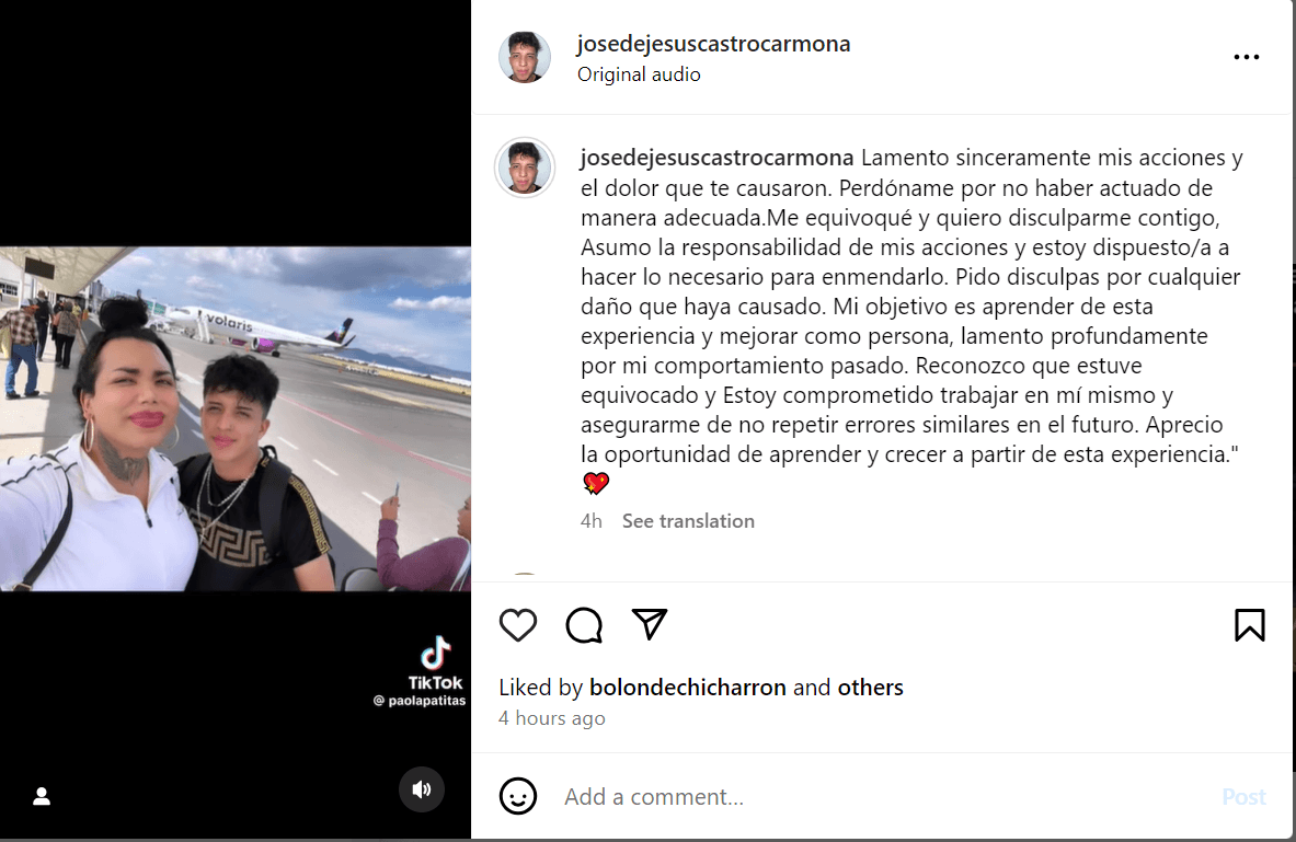 Supuestamente, el novio de Paola Suárez le pidió perdón publicando un video en Instagram.