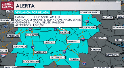 Se espera que de miércoles a jueves las mínimas bajen a 36 °F, por lo que una vigilancia por helada estará vigente al menos hasta la mañana del jueves