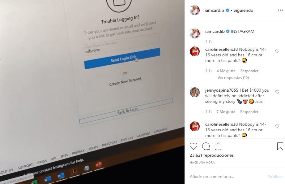 En un video posterior de Cardi B, se aprecia la pantalla de Instagram con la leyenda “¿Problemas para iniciar sesión?” y el usuario “offsetyrn”.