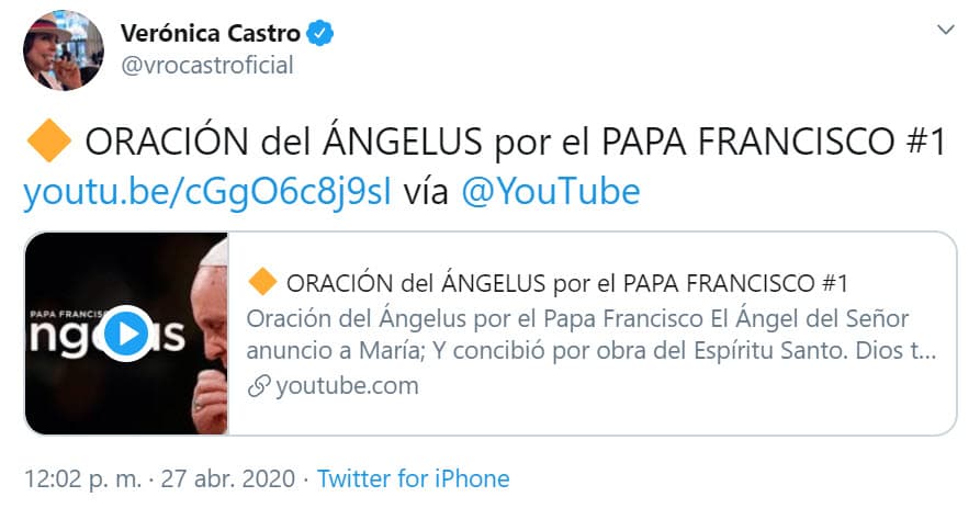 El 27 de abril Verónica volvió a mostrar su devoción católica como lo ha hecho en anteriores ocasiones, y compartió la “Oración del Ángelus por el Papa Francisco”, se lee.
<br>