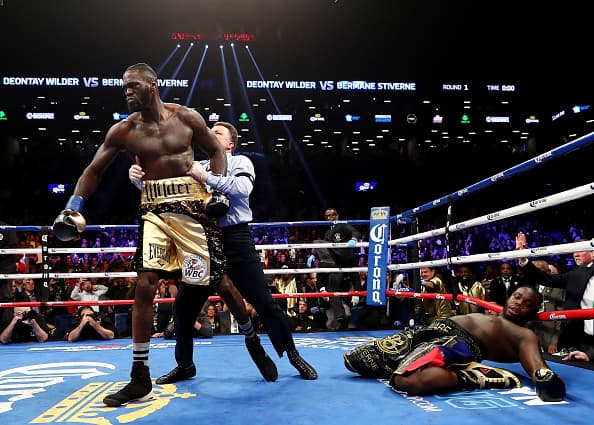 NEW YORK, NY - NOVEMBER 04: Deontay Wilder knocks out Bermane Stiverne in the first round during their rematch for Wilder's WBC heavyweight title at the Barclays Center on November 4, 2017 in the Brooklyn Borough of New York City. (Photo by Al Bello/Getty Images)