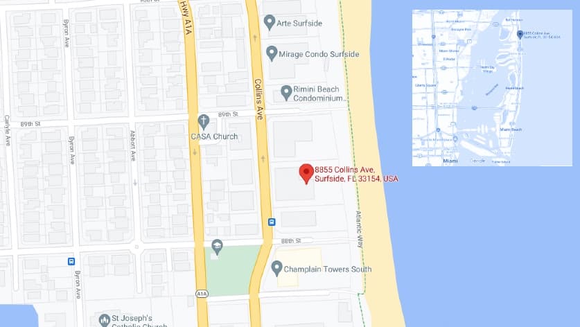 El edificio
<a href="https://www.floridaluxrealestate.com/champlain-towers-east" target="_blank">ChamplainTowers, ubicado en la avenida Collins con la calle 88, es </a>una torre muy cercana a la playa, en una de las zonas más conocidas de Miami-Dade. Según vecinos y residentes, estaba siendo sometida a mantenimiento.