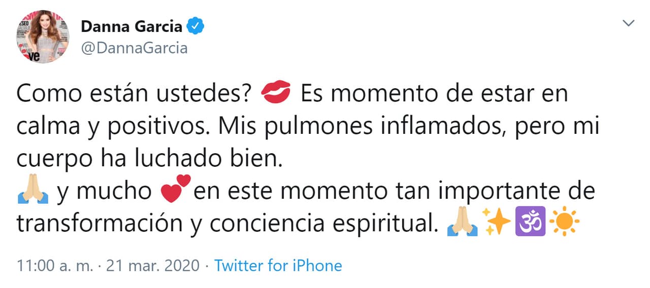 Desde esa fecha, la actriz de 42 años no ha visto a su hijo y ha sorteado una serie de vaivenes respecto a su salud. El pasado 21 de marzo
<b><a href="https://twitter.com/DannaGarcia/status/1241409275714506754" target="_blank"> informó en Twitter </a></b>que su cuerpo "ha luchado bien" contra el virus ante un momento "importante de transformación y conciencia espiritual".
<br>