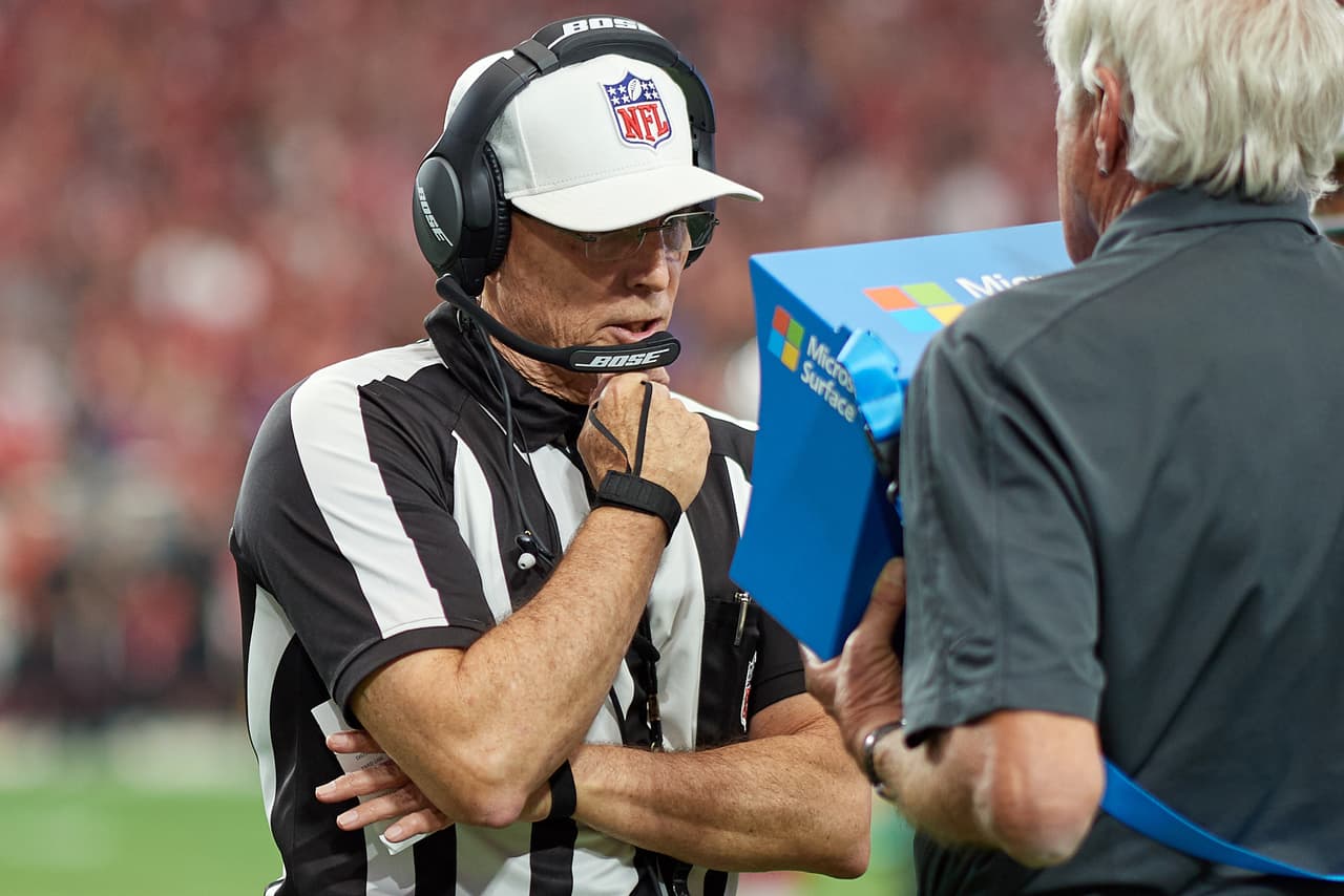 A NFL referee is seen reviewing a play on a portable Instant Replay monitor during the NFL game between the Arizona Cardinals and San Francisco 49ers at the University of Phoenix Stadium on October 1, 2017 in Glendale, Arizona.
