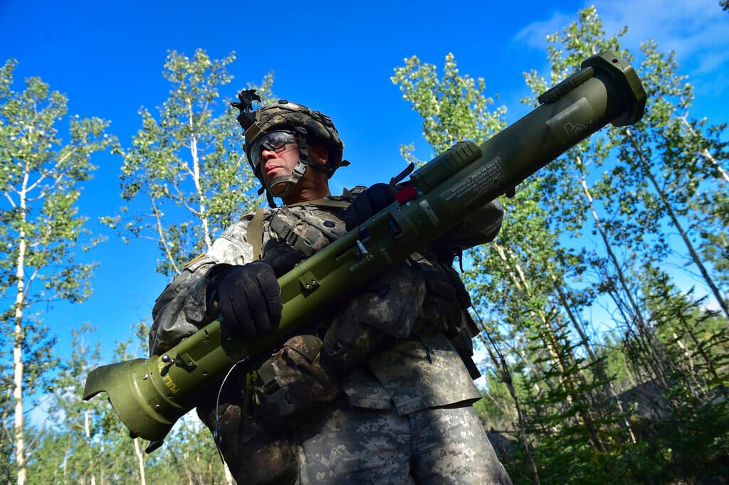 The White House announced this week it is sending 6,000 AT-4 anti-armor systems to Ukraine. In this photo: U.S. Army soldier in Alaska, holding an AT-4 anti-armor weapon while listening to orders to occupy defensive positions during a war games simulation.