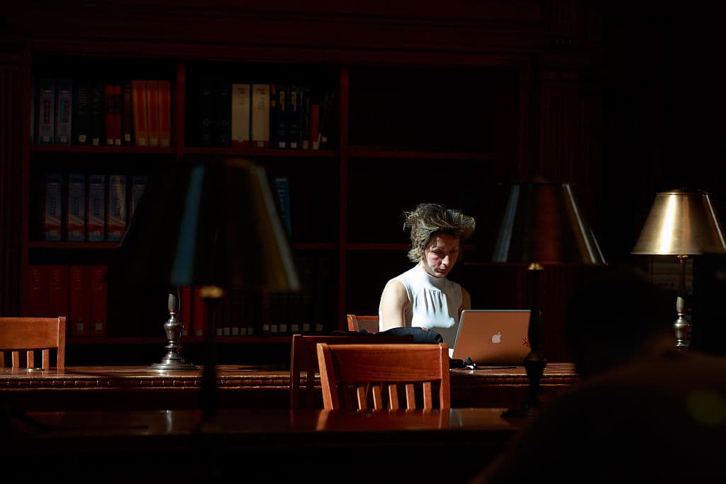 Una mujer trabaja en el Bill Blass Public Catalog Room, salón contiguo al Rose Main Reading Room que también permaneció cerrado durante los trabajos de restauración.