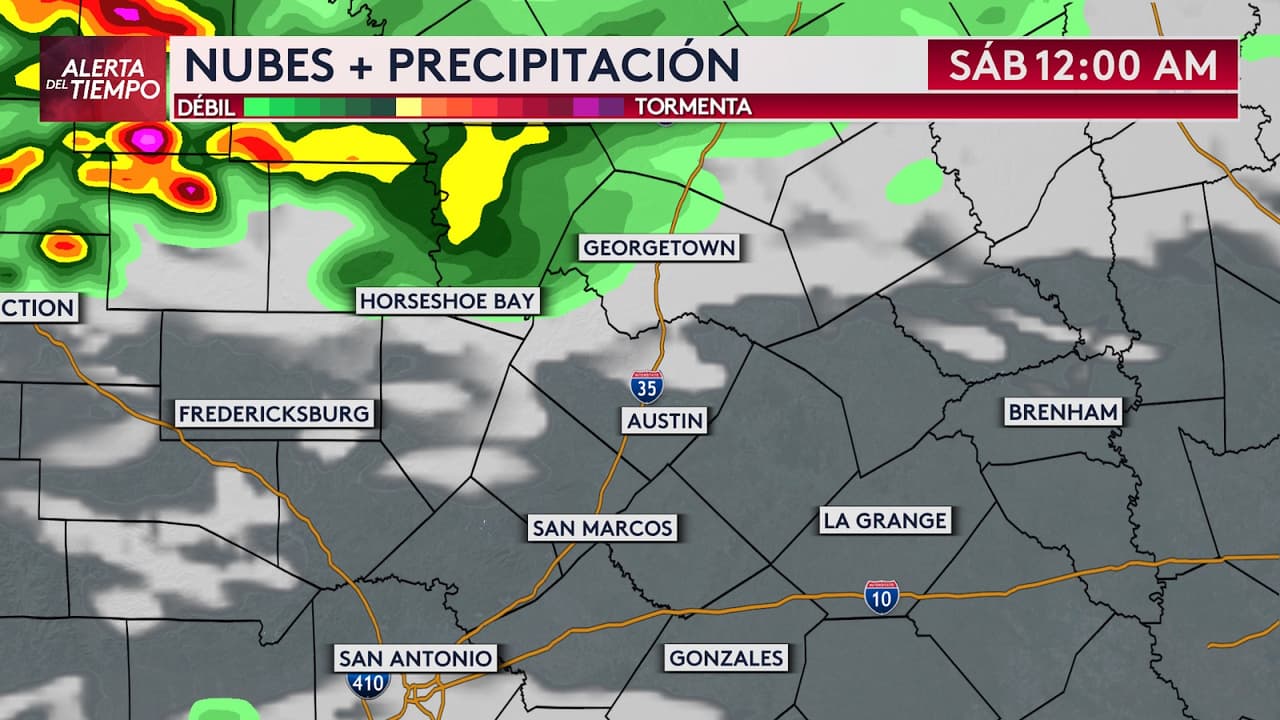 A las 
<b>12 a.m.</b> la nubes harán su paso para condados 
<b>Williamson y Burnet</b>, aún afectando condados ya mencionados.