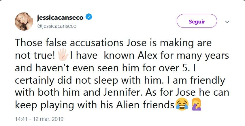 La actriz y empresaria enfatizó que no durmió con A-Rod. “¡Esas acusaciones que José está haciendo no son ciertas! Conozco a Alex desde hace muchos años y hace más de 5 años que ni siquiera lo he visto. Ciertamente no dormí con él".