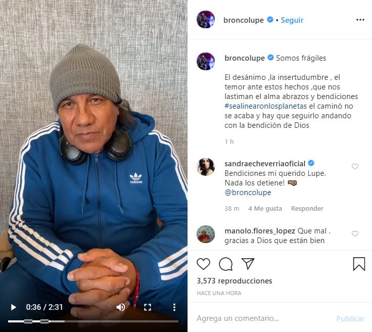 En un video publicado en su cuenta de Instagram, Lupe Esparza, vocalista y líder de la agrupación, mostró su tristeza por la situación de 
<b>inseguridad que se vive en México</b>.
<br>