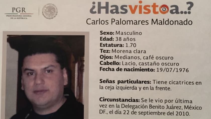 Carlos Palomares Maldonado desaparecido en la Ciudad de México el 22 de septiembre de 2010 a los 34 años.