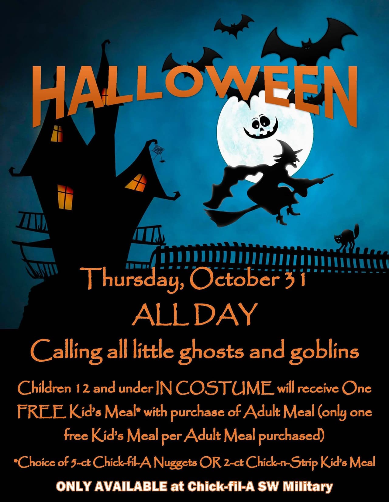 Chick-Fil-A está llamando a todos los niños menores de 12 años a que acudan disfrazados a recibir una comida para niños en la compra de una comida para adultos.
<br>
<br>Solo disponible en la sucursal de Chick-Fil-A Southwest Military.