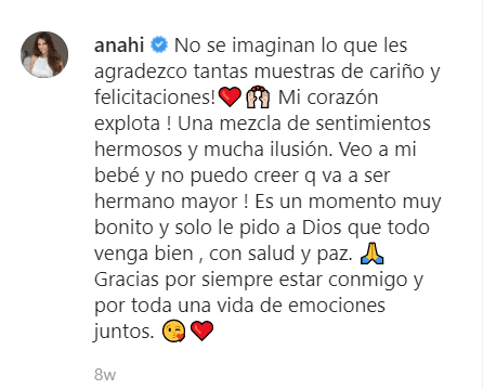 La actriz escribió un mensaje en Instagram para expresar la felicidad que la embargaba por estar en espera de su segundo hijo.