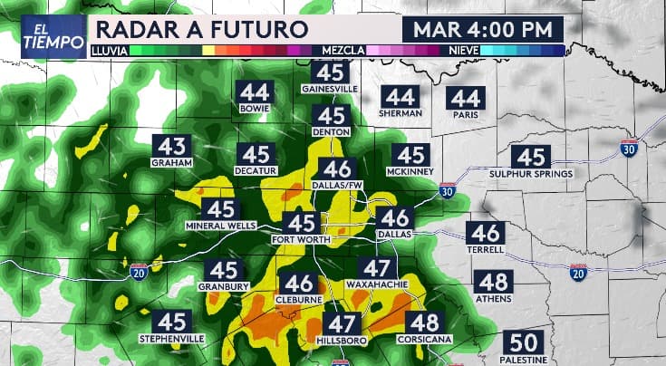 A eso de las 4:00 pm, las lluvias entrarán a Dallas por lo que podrá afectar el tráfico vespertino.
