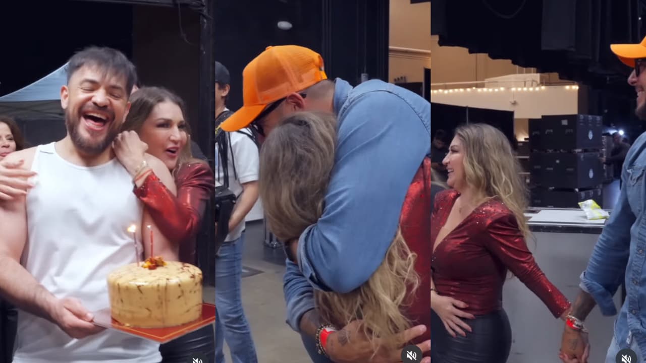 Alicia Villarreal fue sorprendida por su equipo y novio con un pastel en celebración de su cumpleaños.