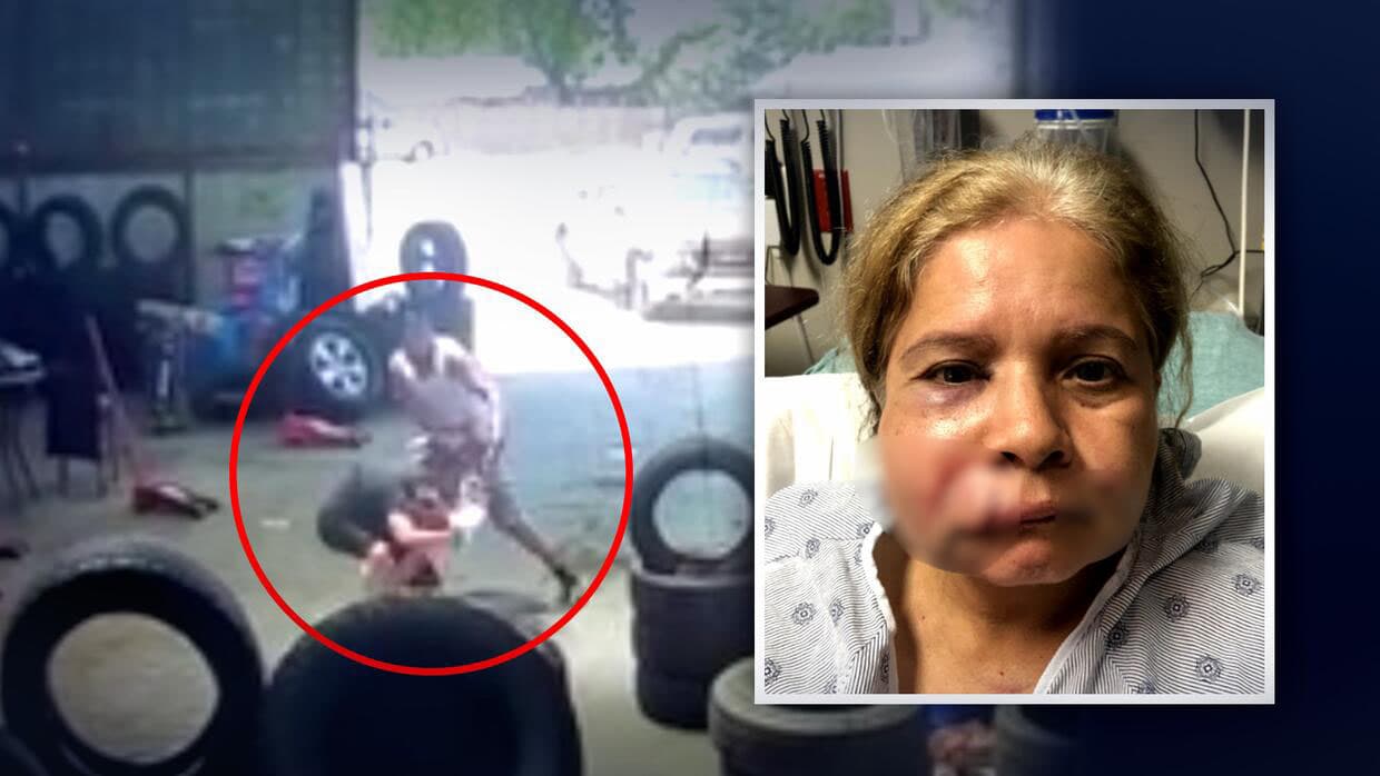 Cámaras de vigilancia captan cuando un hombre agrede a una mujer en un taller de neumáticos