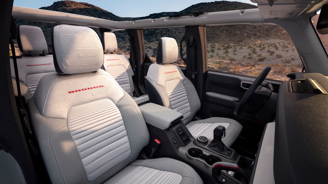 Interior seating details are shown on this prototype version, (not representative of production model) of a 2021 Bronco four-door model. (Static display on private property with aftermarket accessories not available for sale.)