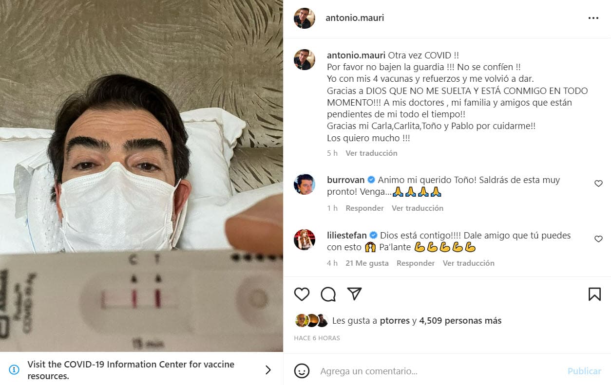 Toño Mauri compartió que por segunda ocasión dio positivo a covid-19.