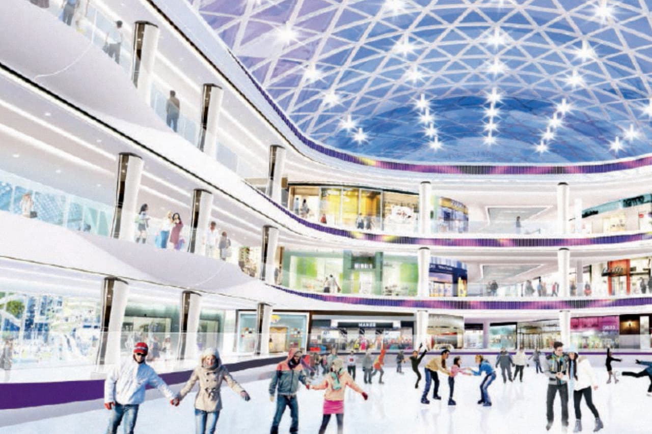 En esta última imagen del prototipo se observa la pista de patinaje sobre hielo en medio de instalaciones futuristas.