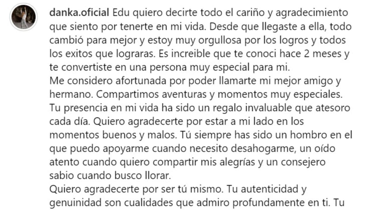 Esta es parte de la emotiva carta que 'Danka' le dedicó a Eduardo Zucchi.