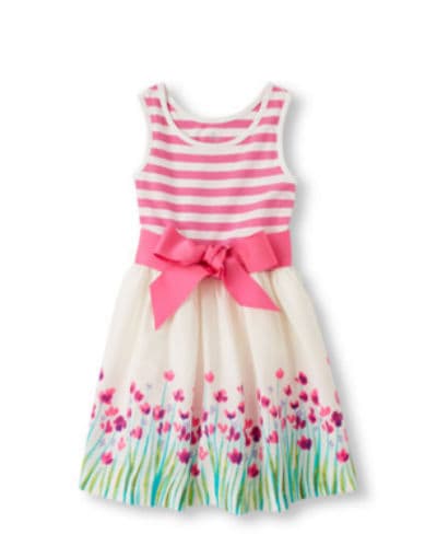 Girls Sleeveless Striped And Flower Garden Bow Racer-Back Skater Dress (Talles 4 al 16), 24.90 dólares en The Children's Place