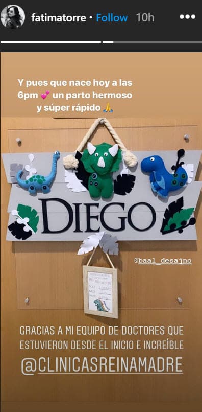 En una segunda fotografía, Fátima detalló que su hijo 
<b>nació a las 6 de la tarde</b> hora local "en un parto hermoso y súper rápido". También agradeció al equipo médico que la atendió.
<br>