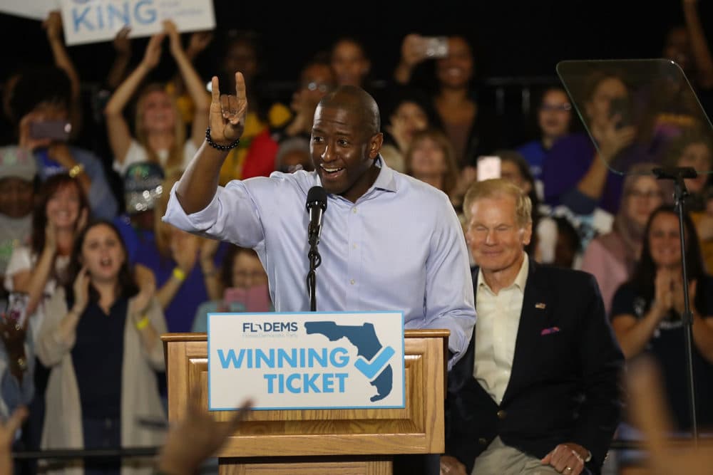 TAMPA, FL - OCTOBER 22: Florida Democratic gubernatorial nominee Andrew Gillum speaks as U.S. Sen. Bill Nelson (D-FL) listens behind him during a campaign rally held at the University of South Florida Campus Recreation Building on October 22, 2018 in Tampa, Florida. The rally was held to support U.S. Sen. Bill Nelson (D-FL) and Democratic gubernatorial nominee Andrew Gillum as they run against their Republican opponents. (Photo by Joe Raedle/Getty Images)