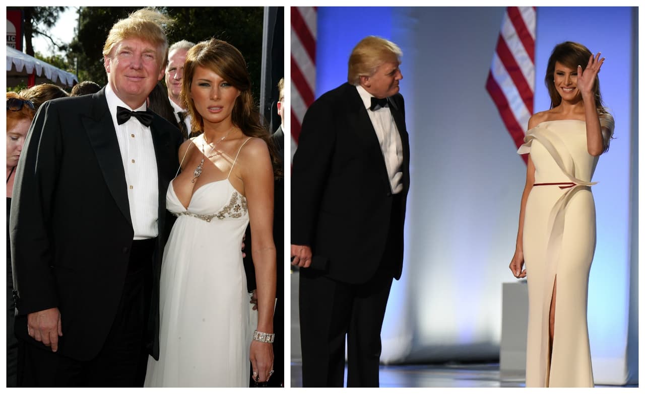 Las galas eran para la pareja Trump lugares privilegiados para mostrar sus gustos excéntricos, su devoción por el brillo y para que Melania alardeara de su figura. Como primera dama, Melania parece olvidarse de su afán de ajustar su silueta y mostrar mucha piel y apuesta, como lo hizo en el baile inaugural con este traje blanco de 
<b>Hervé Pierre, </b>por líneas rectas y sobrias de sutil sensualidad.